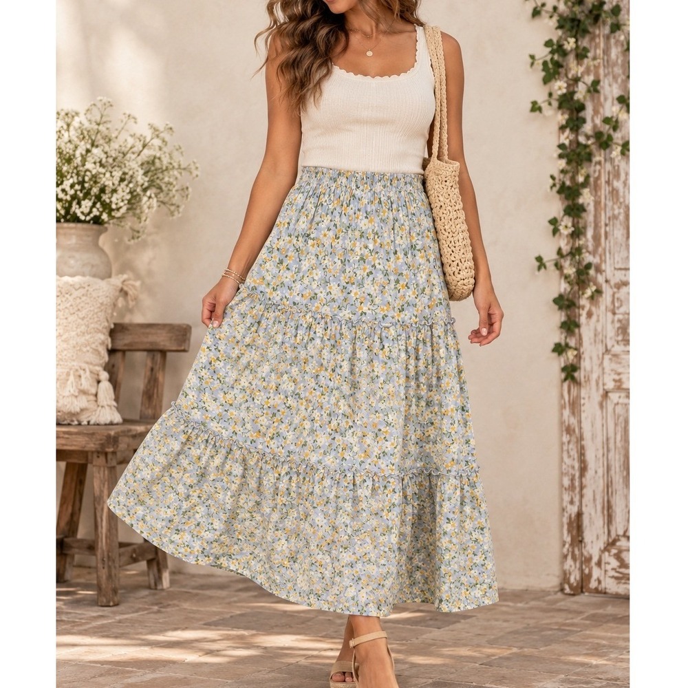Altar'd State Floral Linen Blend Tiered Maxi Skirt Size Medium Cottagecore Boho